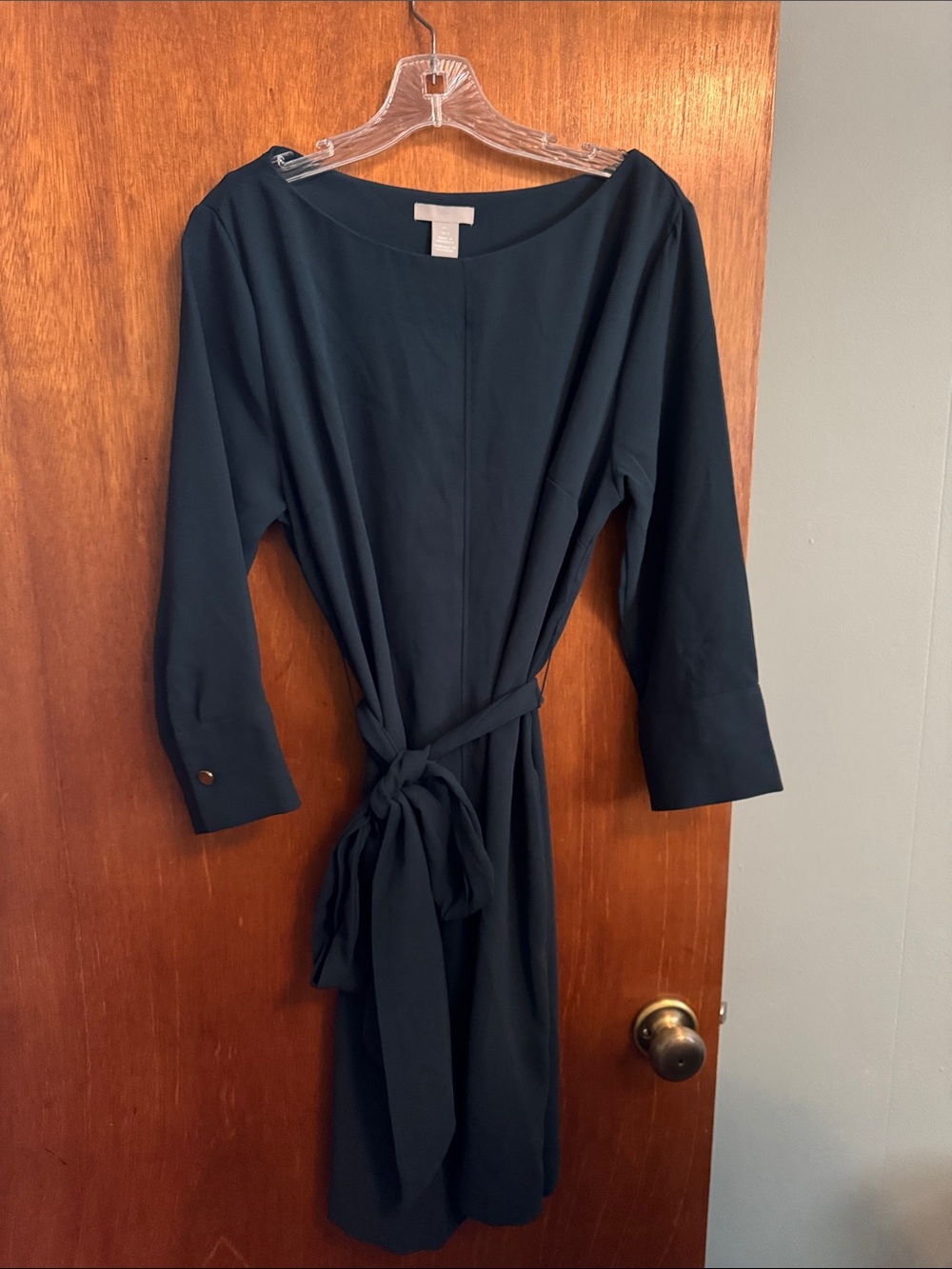 H&M Dark Teal Boatneck Belted Long Sleeve Dress